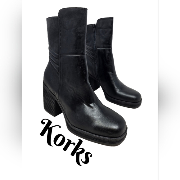 Kork-Ease Shoes - Korks Women's Black Faux Leather Boots Sz 8.5M Big Block Stacked Heels Casual